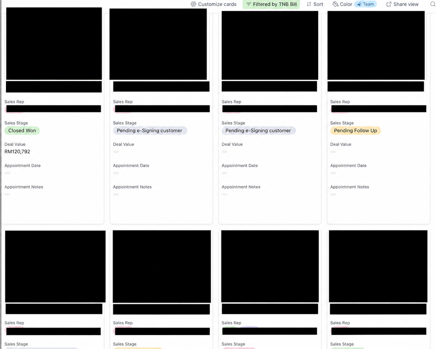 Anonymised solar CRM with sales stages, deal values and appointment fields